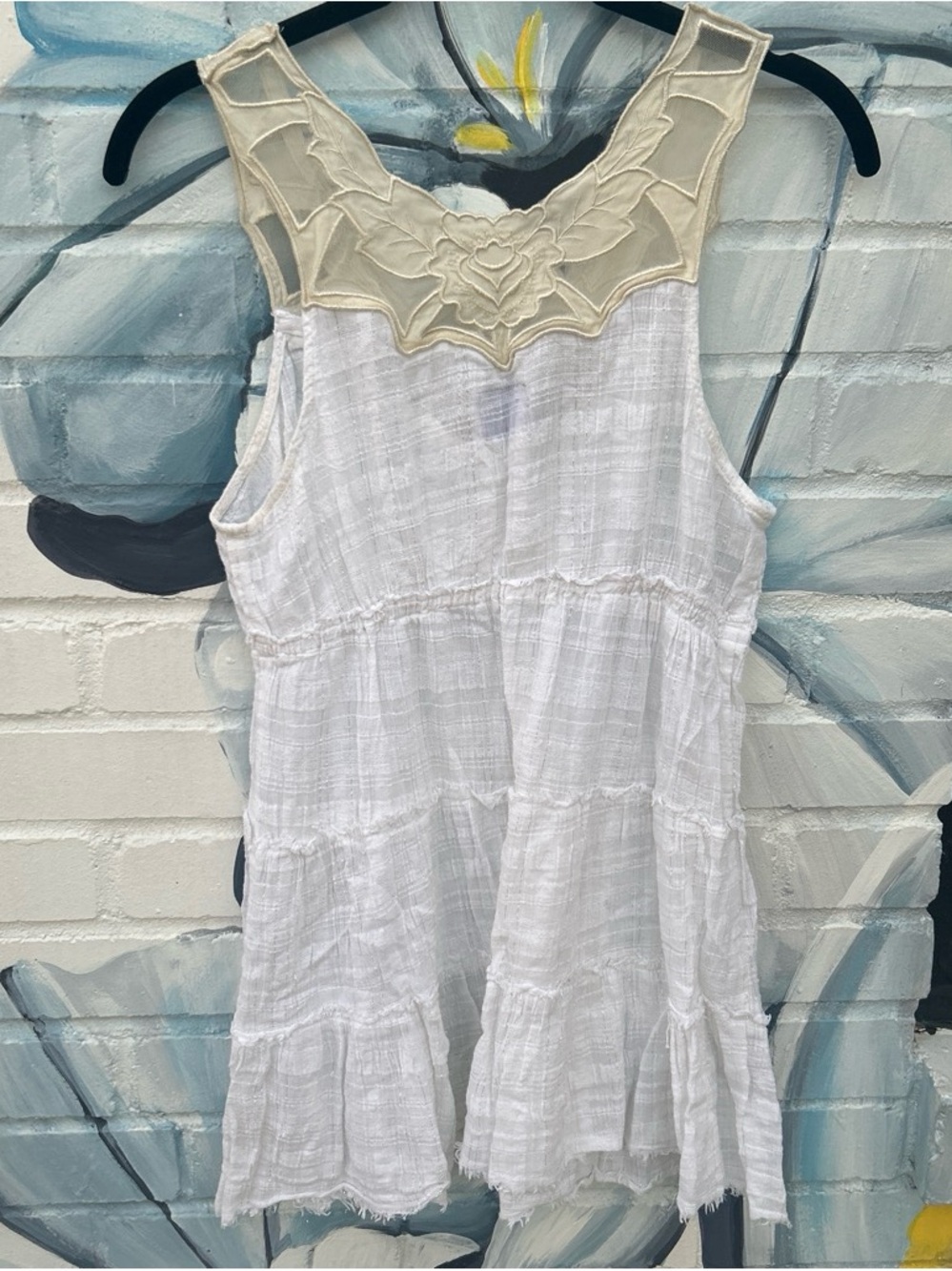 Free People White Tunic Top with Cream Applique Yoke